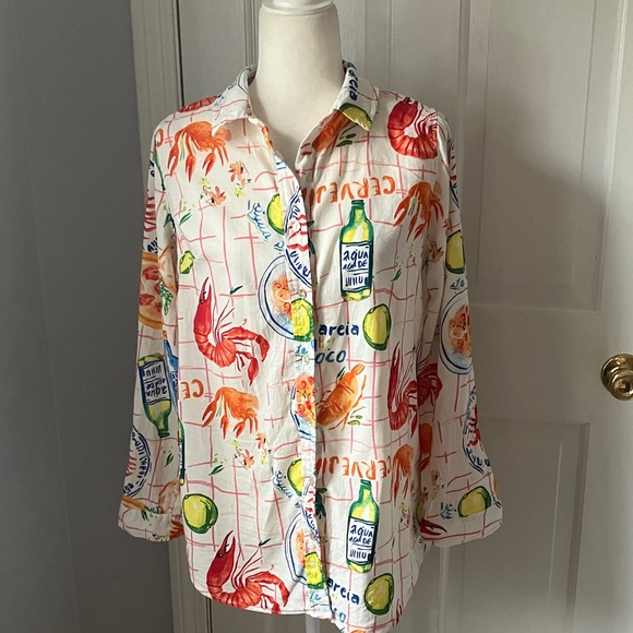 Calypso St. Barth Tops - Colorful crawfish crab shrimp boil seafood themed shirt blouse Large